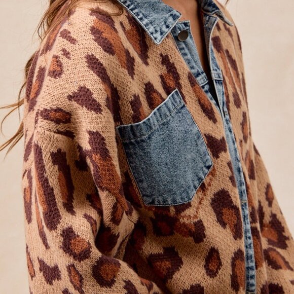 SOLD OUT BIBI Leopard Print Denim Jean Jacket Animal Print Cardigan - Picture 11 of 14